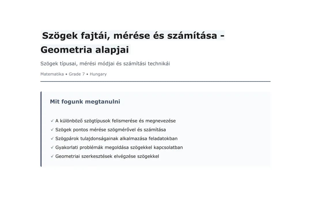 Szögek fajtái, mérése és számítása - Geometria alapjai
