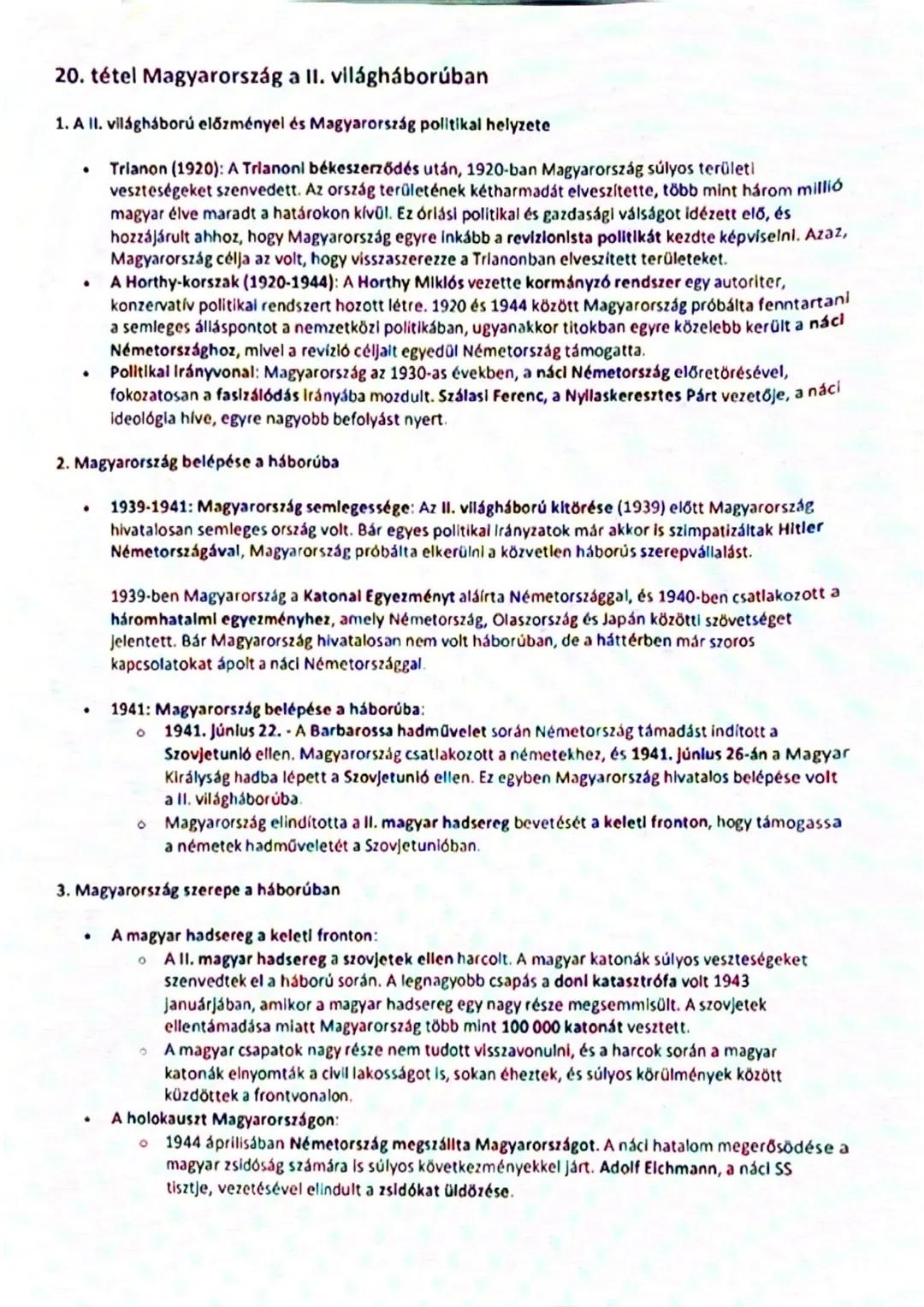 20. tétel Magyarország a II. világháborúban
1. A II. világháború előzményel és Magyarország politikal helyzete
* Trianon (1920): A Trianoni 