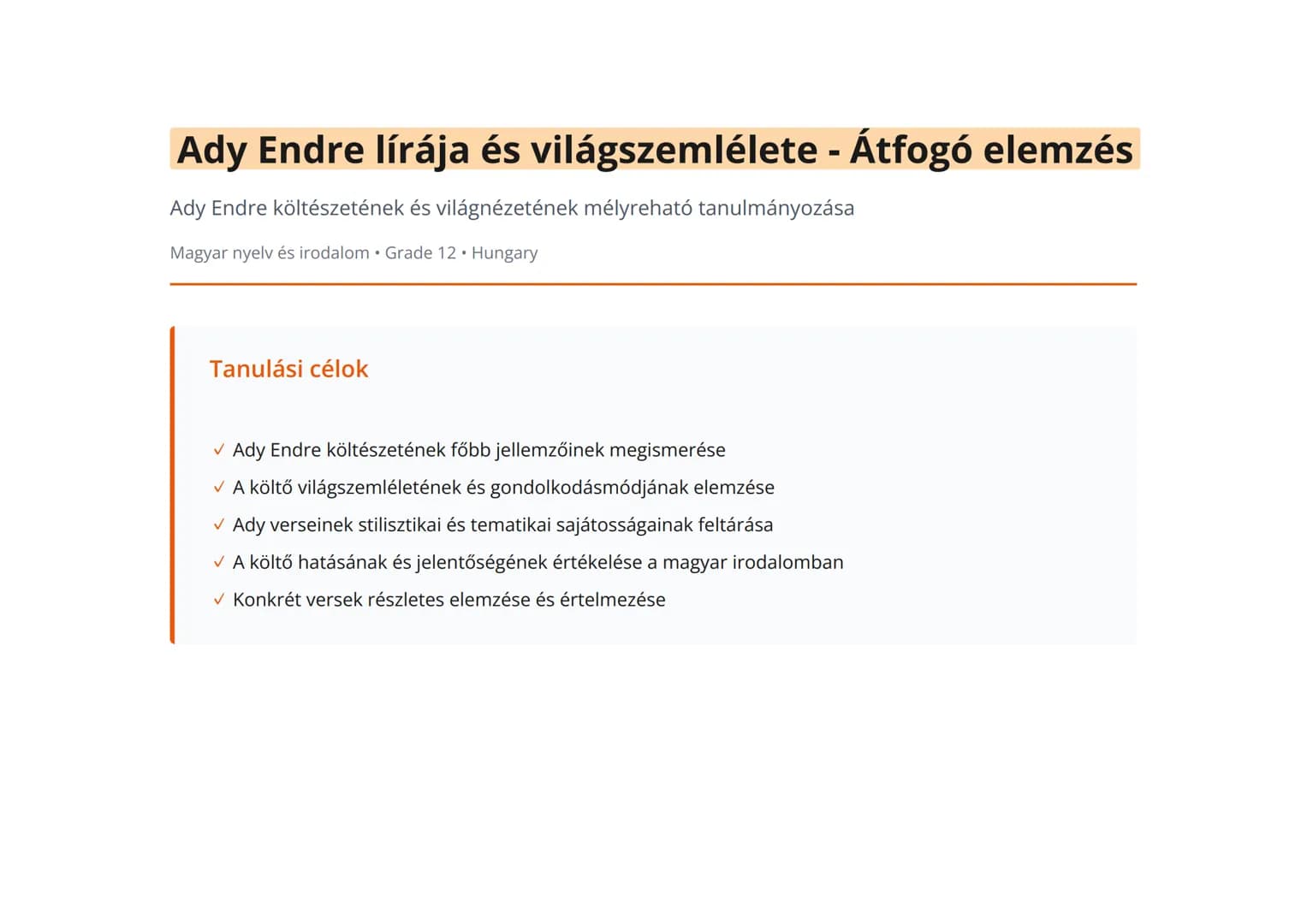 Ady Endre lírája és világszemlélete - Átfogó elemzés
Ady Endre költészetének és világnézetének mélyreható tanulmányozása
Magyar nyelv és iro