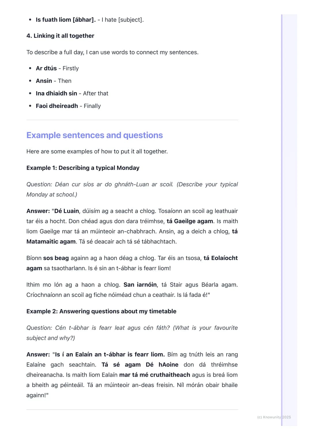 # Amchlár agus Gnáthamh
Scoile (School Timetable and
Routine)

Talking about my school routine

This topic is all about describing my school