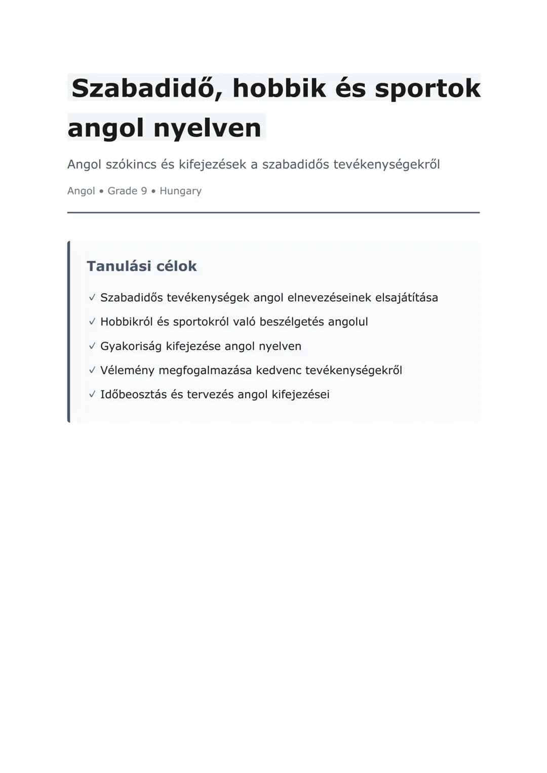 Szabadidő, hobbik és sportok angol nyelven