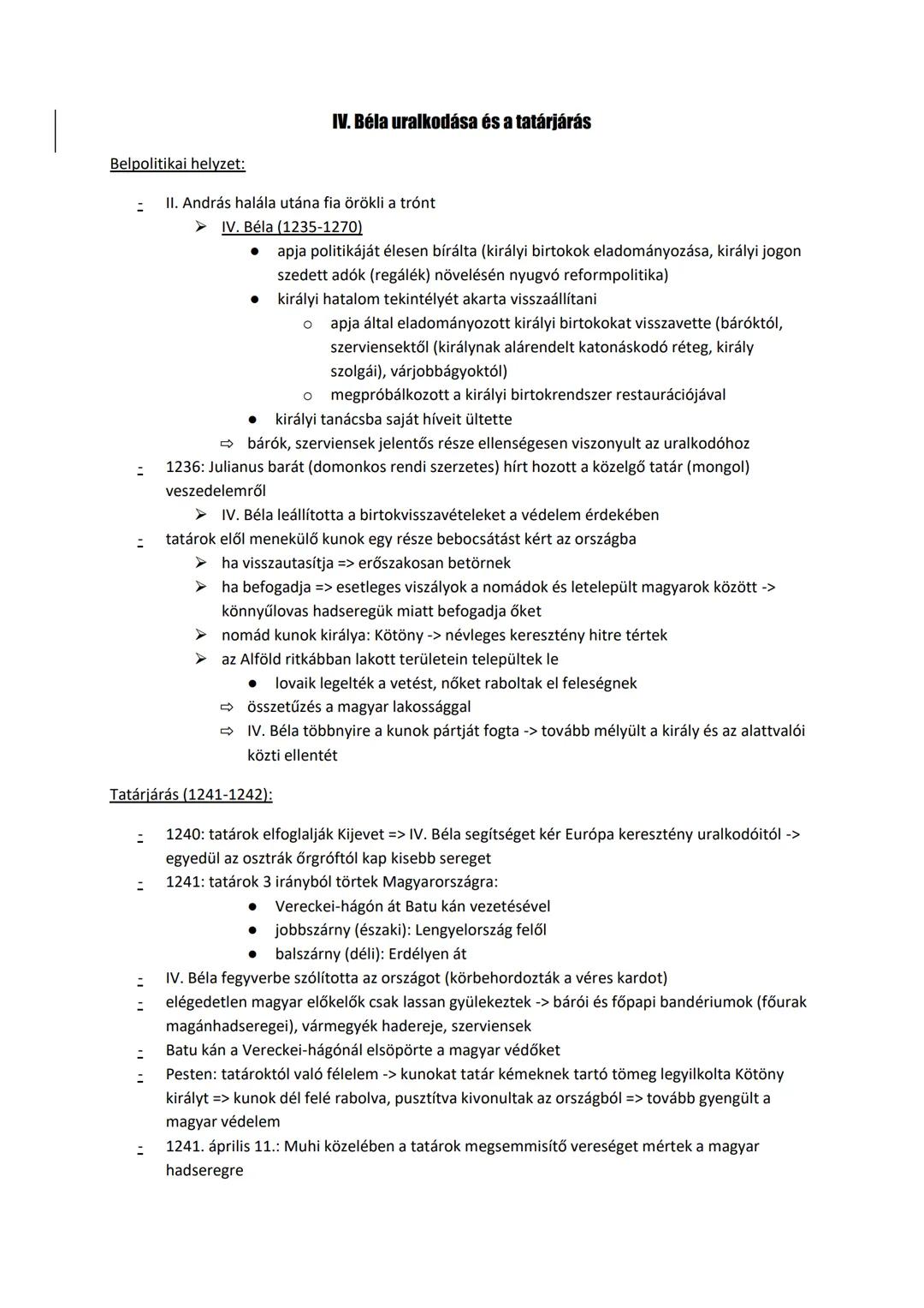 ## IV. Béla uralkodása és a tatárjárás

Belpolitikai helyzet:
- II. András halála utána fia örökli a trónt
- ➤ IV. Béla (1235-1270)
  - • ap