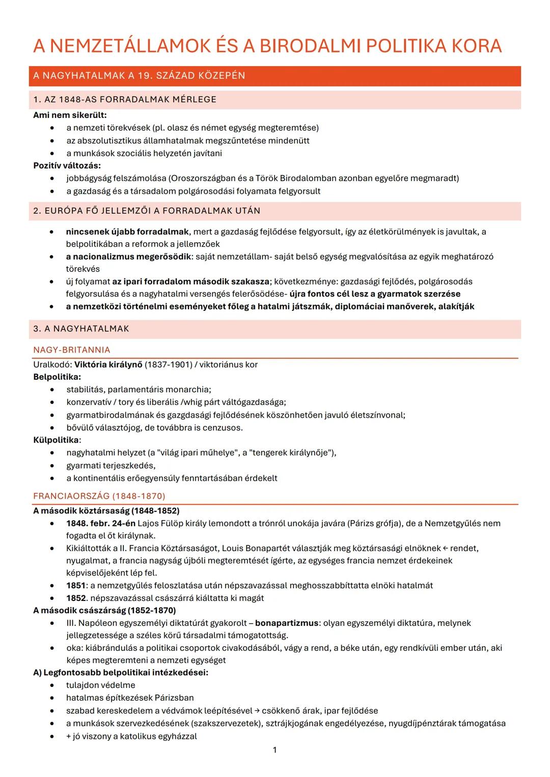 A NEMZETÁLLAMOK ÉS A BIRODALMI POLITIKA KORA
A NAGYHATALMAK A 19. SZÁZAD KÖZEPÉN
1. AZ 1848-AS FORRADALMAK MÉRLEGE
Ami nem sikerült:
- a nem