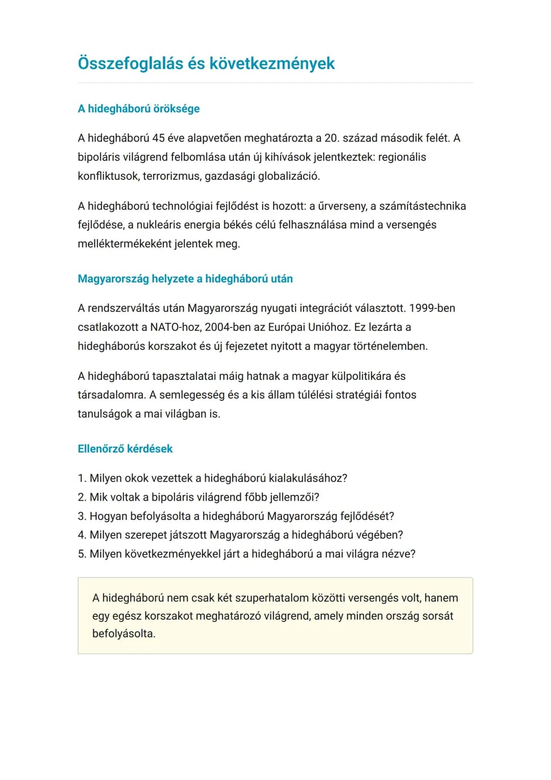 A hidegháború kialakulása és a
bipoláris világrend
A hidegháború főbb eseményei és hatása Magyarországra
Történelem 	Grade 12 	Hungary
Tanul