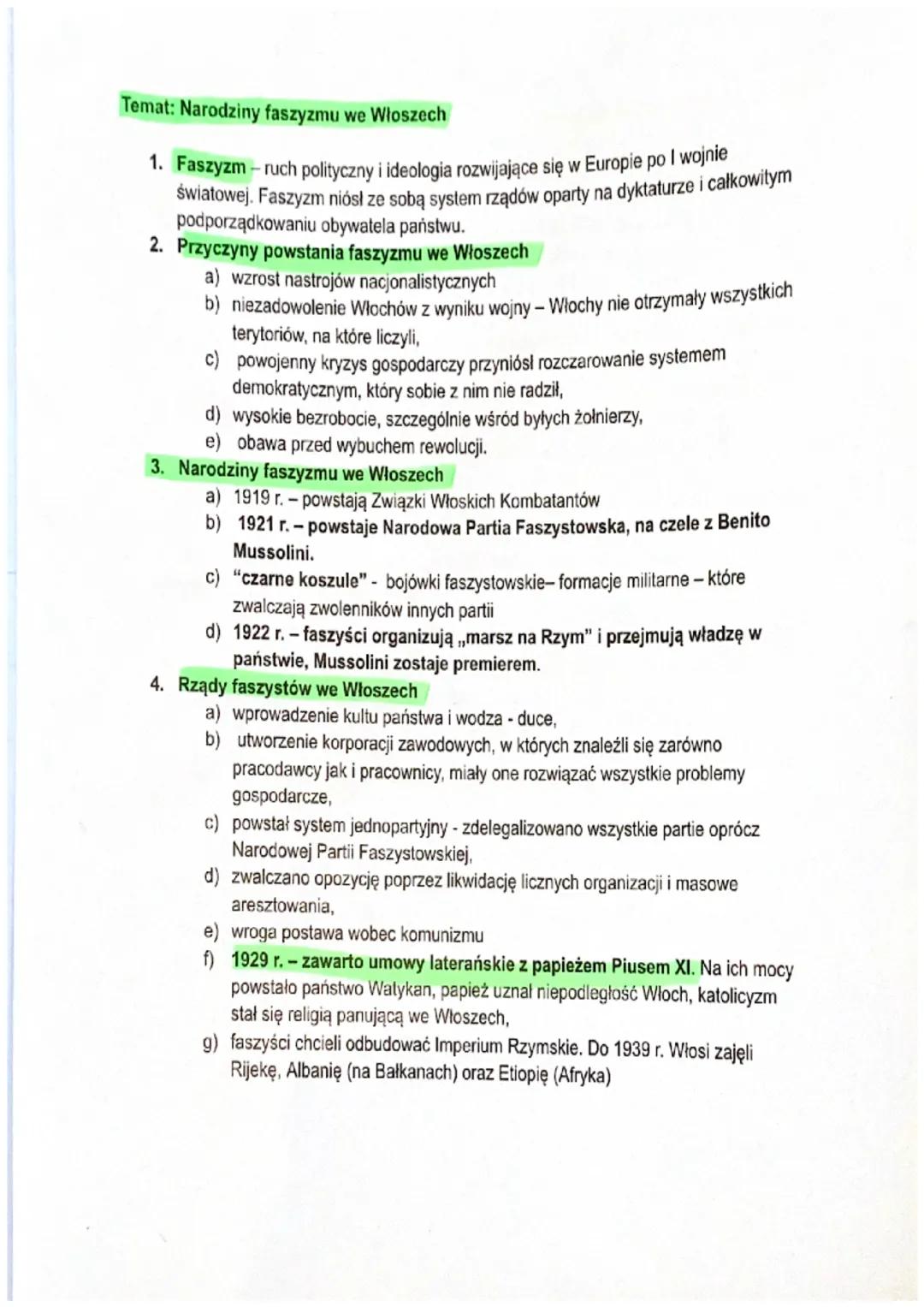 Temat: Narodziny faszyzmu we Włoszech

1.  Faszyzm - ruch polityczny i ideologia rozwijające się w Europie po I wojnie
światowej. Faszyzm ni