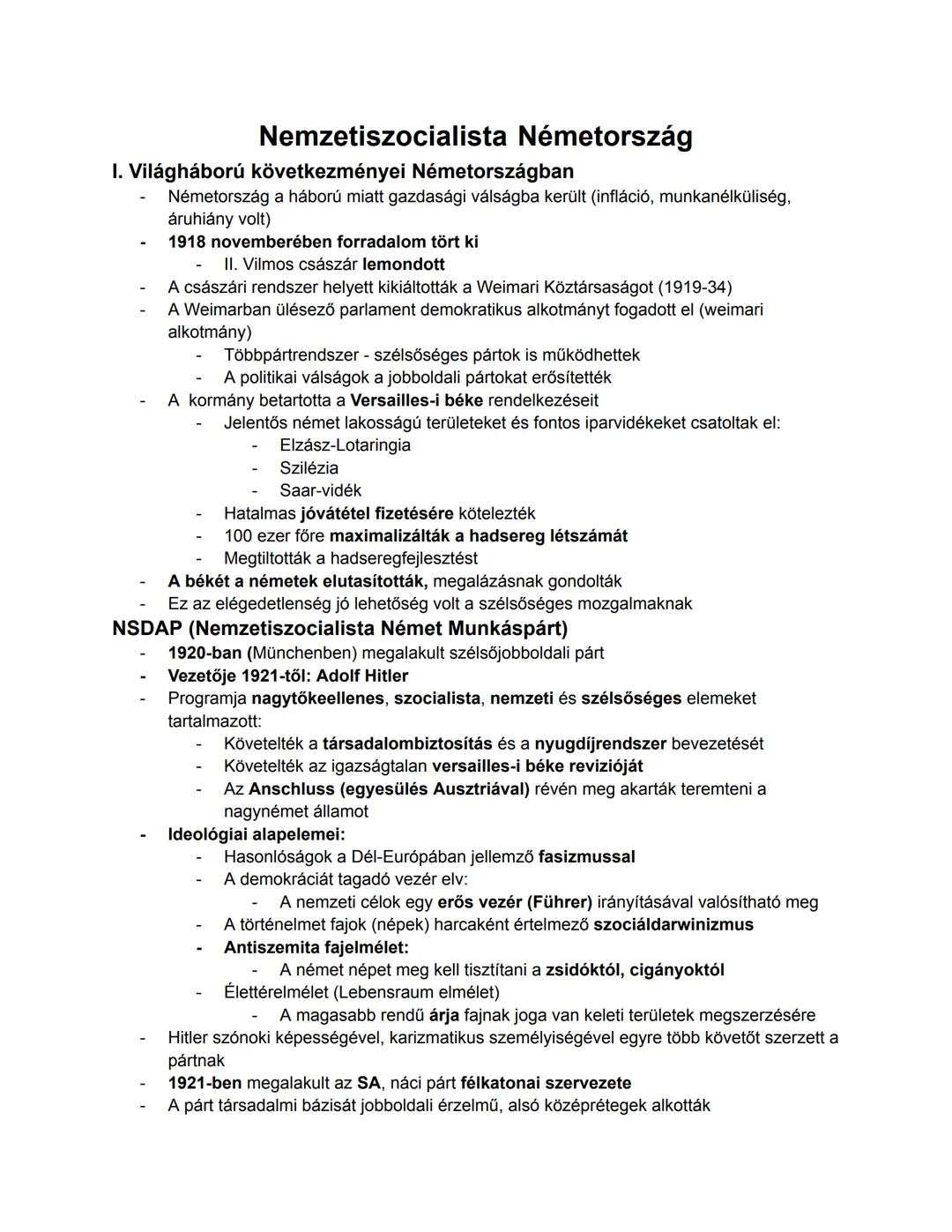 ## Nemzetiszocialista Németország

I. Világháború következményei Németországban
- Németország a háború miatt gazdasági válságba került (infl