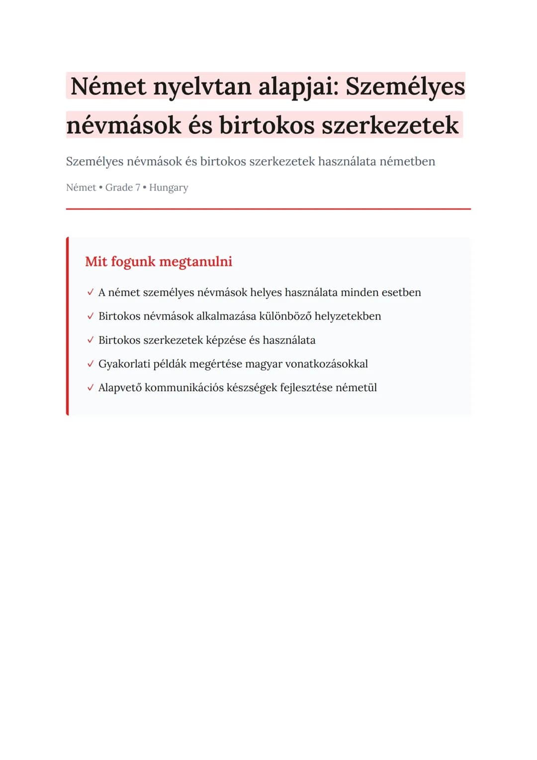 Német nyelvtan alapjai: Személyes névmások és birtokos szerkezetek