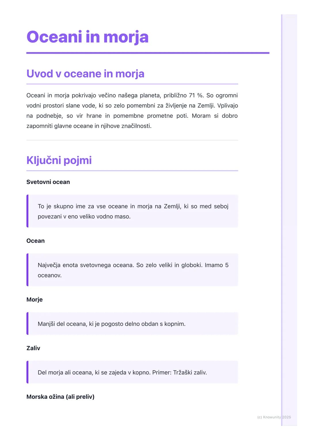 # Oceani in morja

Uvod v oceane in morja

Oceani in morja pokrivajo večino našega planeta, približno 71%. So ogromni
vodni prostori slane v
