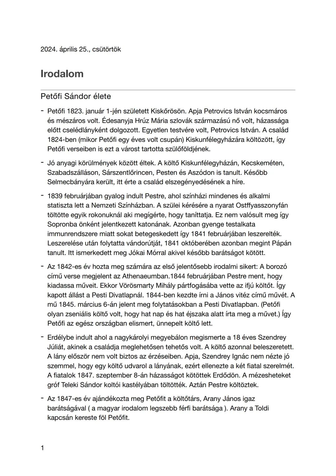 Irodalom - Petőfi Sándor