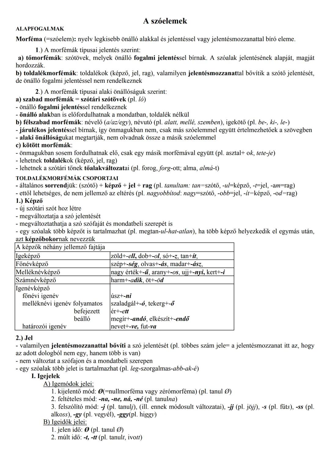 ALAPFOGALMAK
A szóelemek
Morféma (=szóelem): nyelv legkisebb önálló alakkal és jelentéssel vagy jelentésmozzanattal bíró eleme.
1.) A morfém