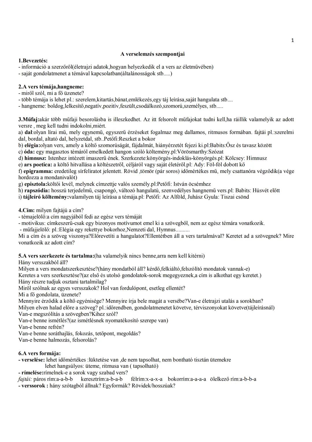 # A verselemzés szempontjai
1
1.Bevezetés:
- információ a szerzőről (életrajzi adatok, hogyan helyezkedik el a vers az életművében)
- sajá