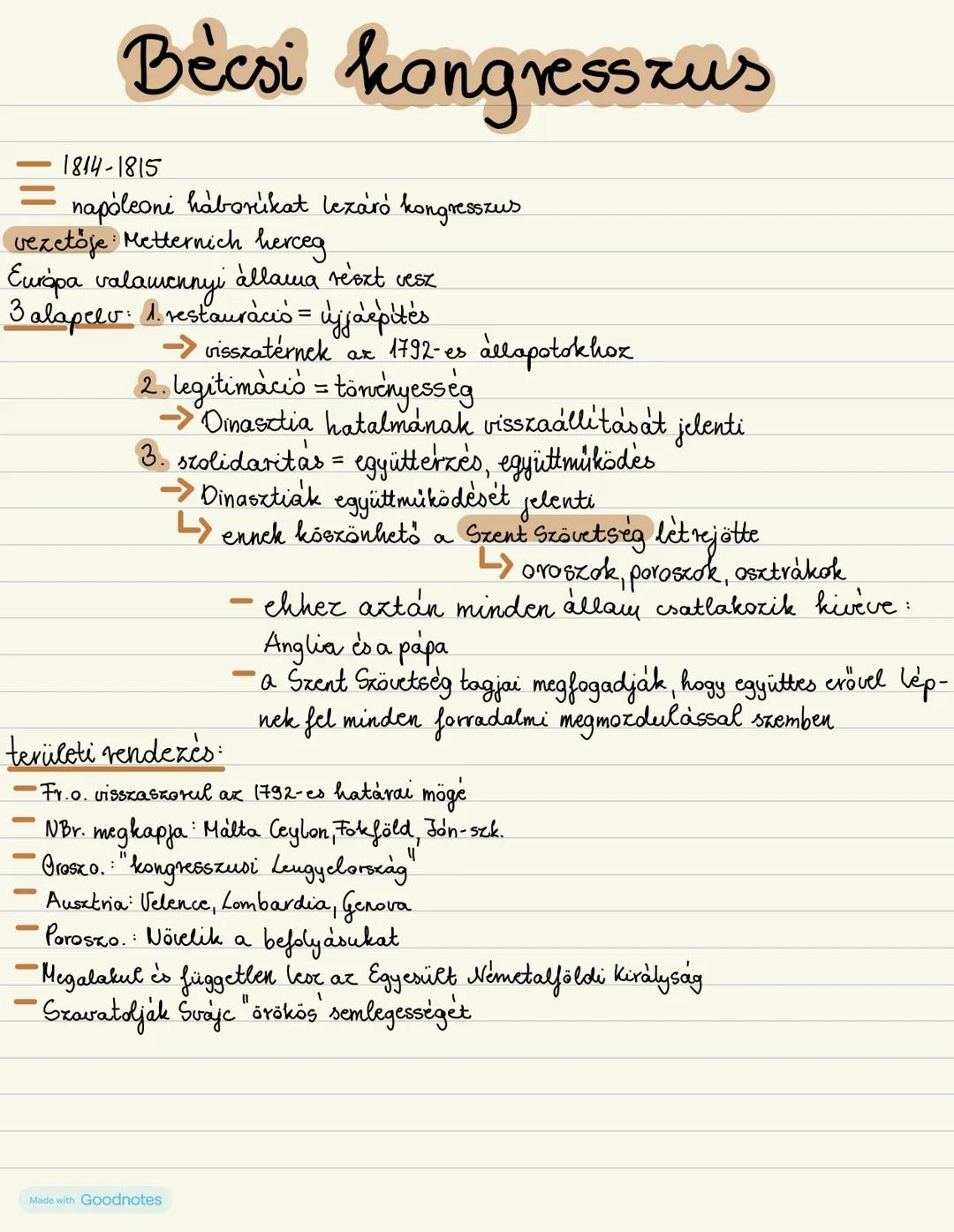 Bécsi kongresszus
1814-1815
napóleoni háborúkat lezáró kongresszus
vezetője: Metternich herceg
Európa valamennyi állama részt vesz
3alapelv: