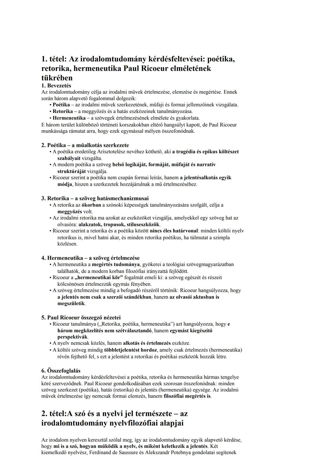 1. tétel: Az irodalomtudomány kérdésfeltevései: poétika,
retorika, hermeneutika Paul Ricoeur elméletének
tükrében
1. Bevezetés
Az irodalomtu