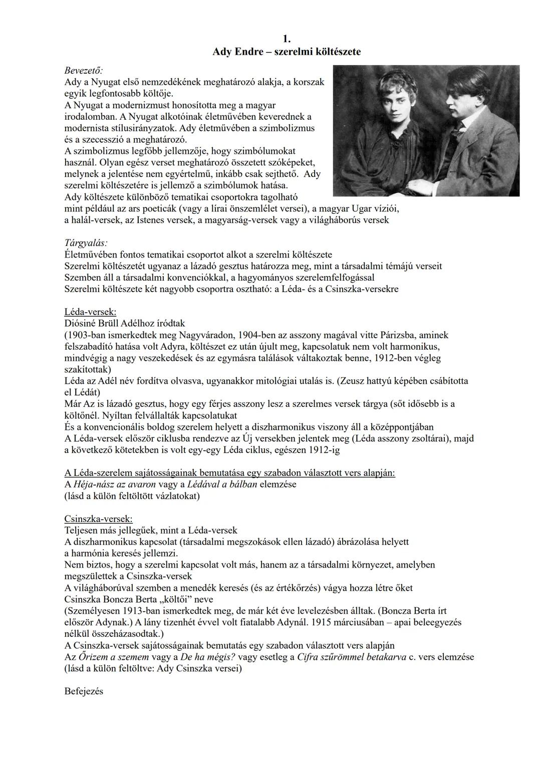 ## Bevezető:
1.
Ady Endre - szerelmi költészete
Ady a Nyugat első nemzedékének meghatározó alakja, a korszak
egyik legfontosabb költője.