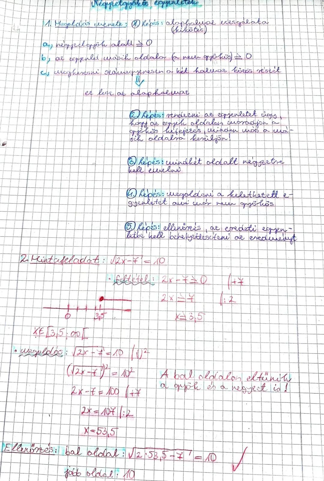 # Négyzetgyökös egyenletek
1. Megoldás menete: 1. Képés: alaphalmaz vizsgálata (kifűtés)
a) négyzetszörű alak $\geq$ 0
b) az egyenlet másik