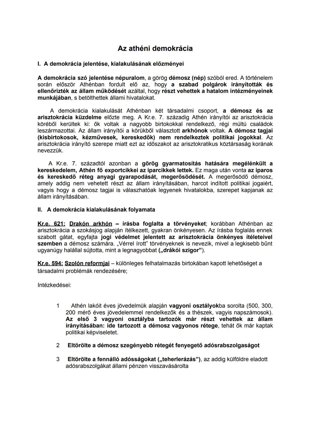 ## Az athéni demokrácia
I. A demokrácia jelentése, kialakulásának előzményei
A demokrácia szó jelentése népuralom, a görög démosz (nép) szó