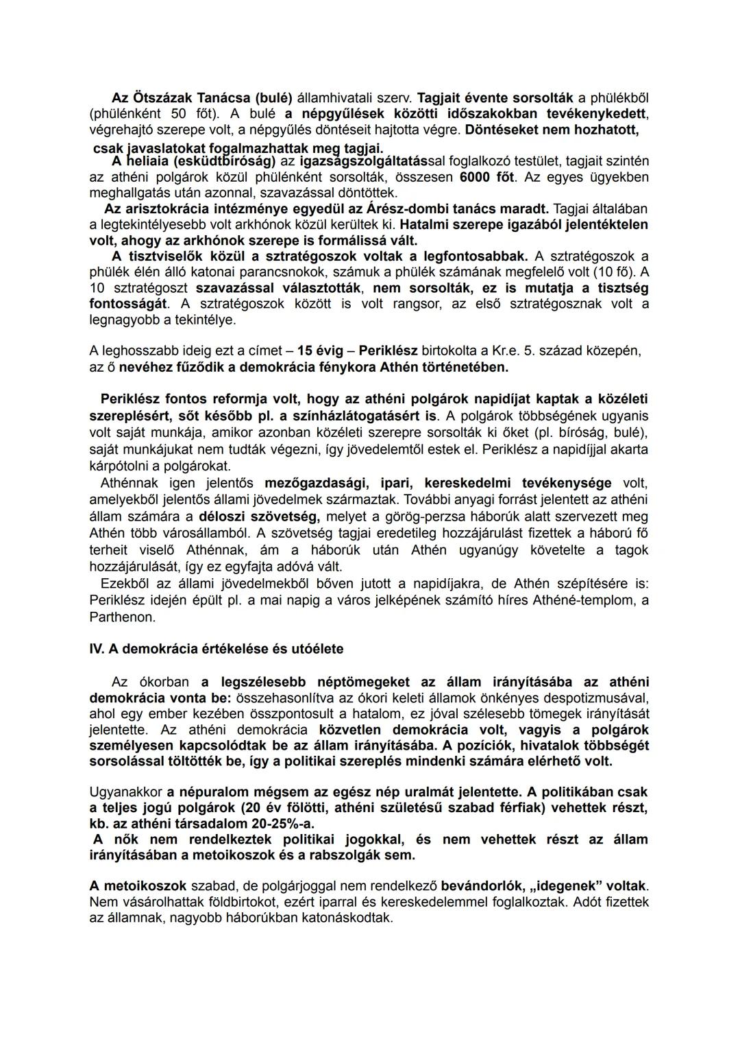 ## Az athéni demokrácia
I. A demokrácia jelentése, kialakulásának előzményei
A demokrácia szó jelentése népuralom, a görög démosz (nép) szó