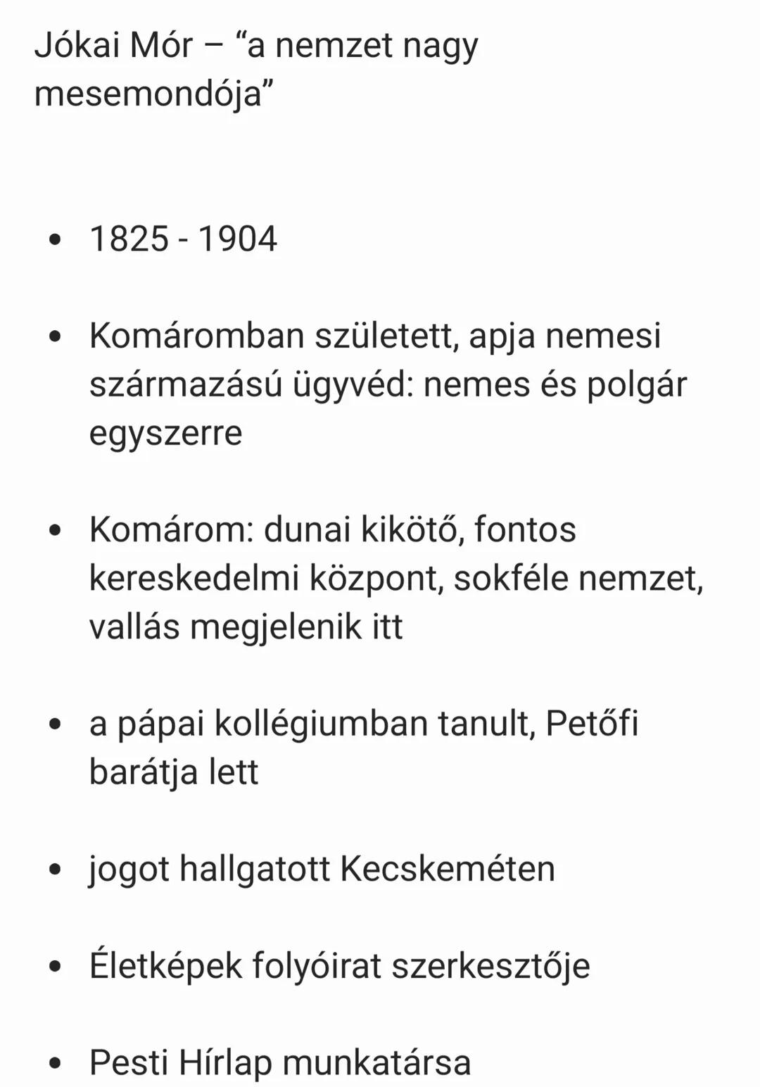 Jókai Mór - "a nemzet nagy
mesemondója"
• 1825 - 1904
• Komáromban született, apja nemesi
származású ügyvéd: nemes és polgár
egyszerre
• Kom