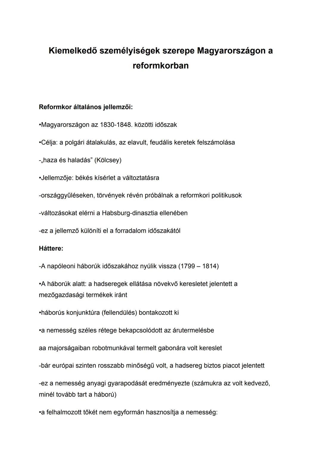 Kiemelkedő személyiségek szerepe Magyarországon a
reformkorban
Reformkor általános jellemzői:
•Magyarországon az 1830-1848. közötti időszak
