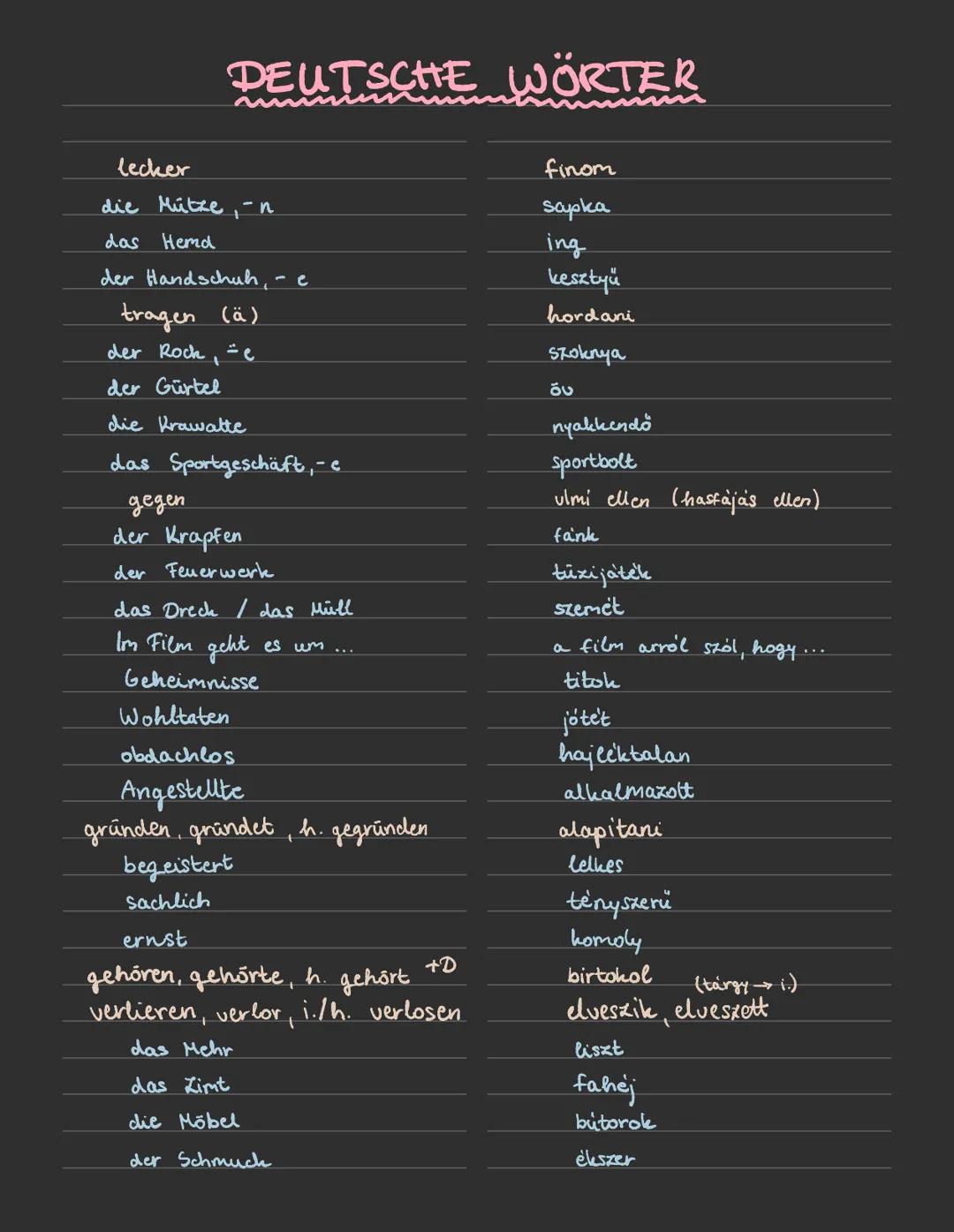 DEUTSCHE WÖRTER
lecker
die Mütze,-n
das Hemd
der Handschuh, - e
tragen (ä)
der Rock, -e
der Gürtel
die Krawatte
das Sportgeschäft, -e
gegen