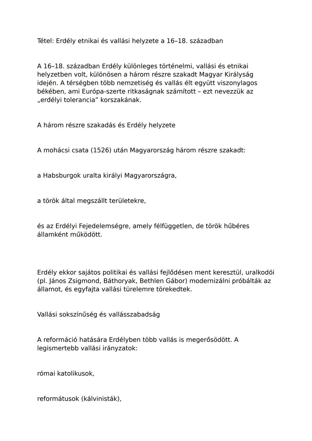 Tétel: Erdély etnikai és vallási helyzete a 16–18. században