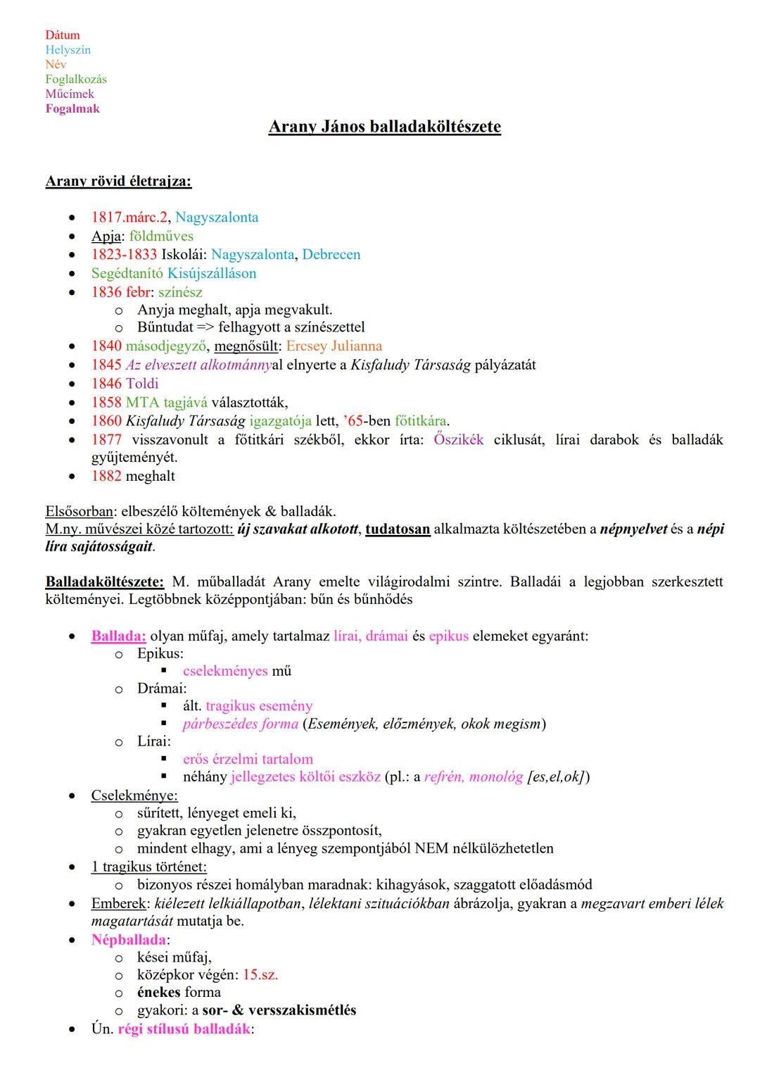 Dátum
Helyszín
Név
Foglalkozás
Mücimek
Fogalmak
Arany János balladaköltészete
Arany rövid életrajza:
• 1817.márc.2, Nagyszalonta
• Apja: föl