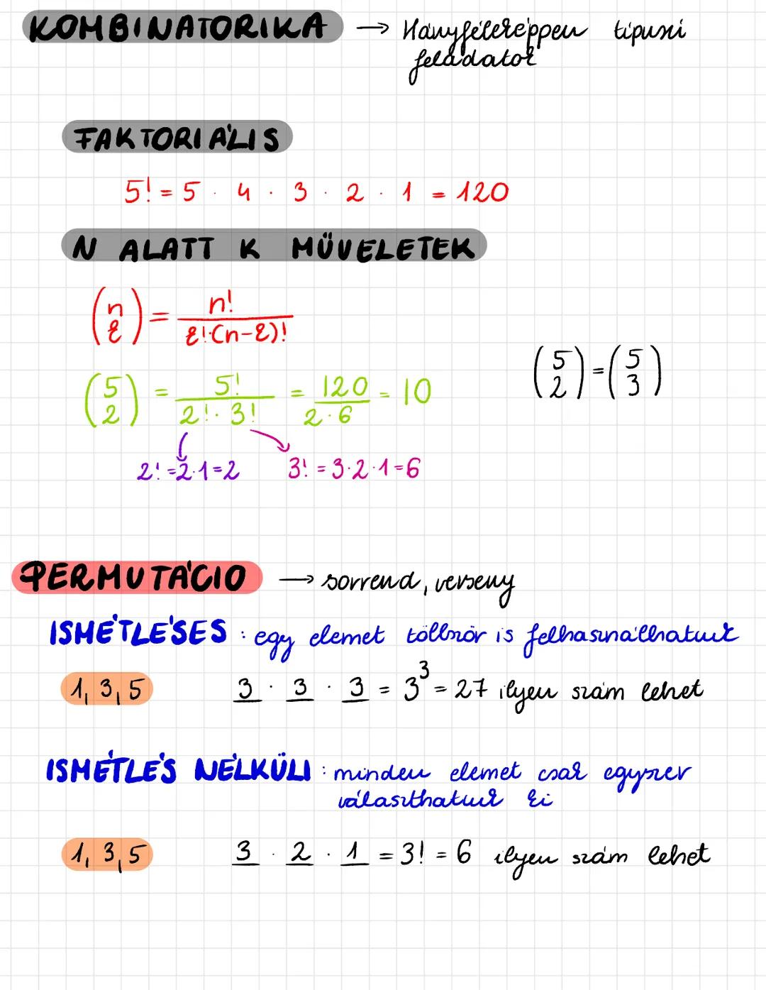 KOMBINATORIKA → Hanyfelereppen tipusni
feldator
FAKTORI ALIS
5! = 5 . 4 . 3 . 2 . 1 = 120
N ALATT K MŰVELETEK
$\binom{n}{k} = \frac{n!}{k!(n