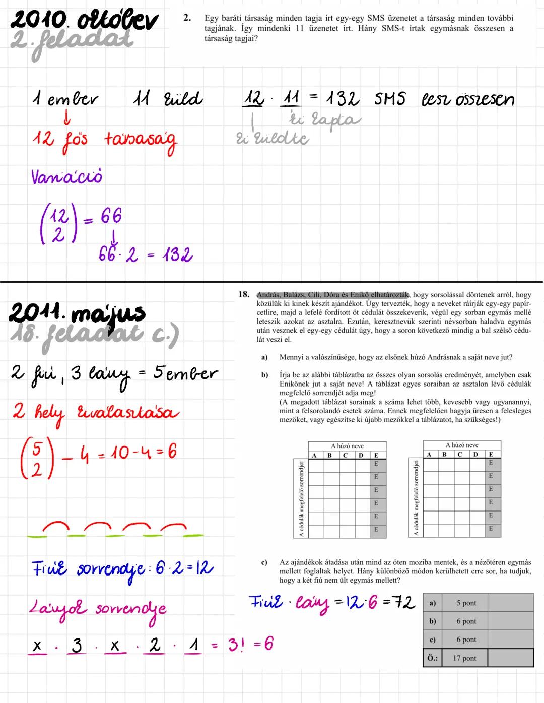 KOMBINATORIKA → Hanyfelereppen tipusni
feldator
FAKTORI ALIS
5! = 5 . 4 . 3 . 2 . 1 = 120
N ALATT K MŰVELETEK
$\binom{n}{k} = \frac{n!}{k!(n