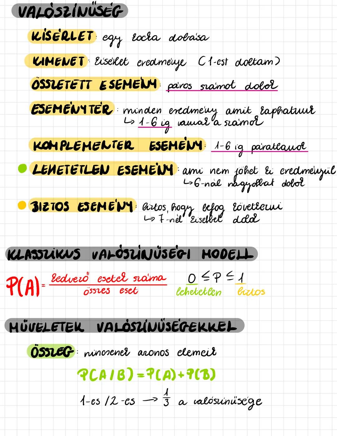 # VALÓSZÍNŰSÉG
KISÉRLET: egy kocka dobása
KIMENET: Kísérlet eredménye (1-est dobtam)
ÖSSZETETT ESEMÉNY: páros számot dobok
ESEMÉNYTÉR: m
