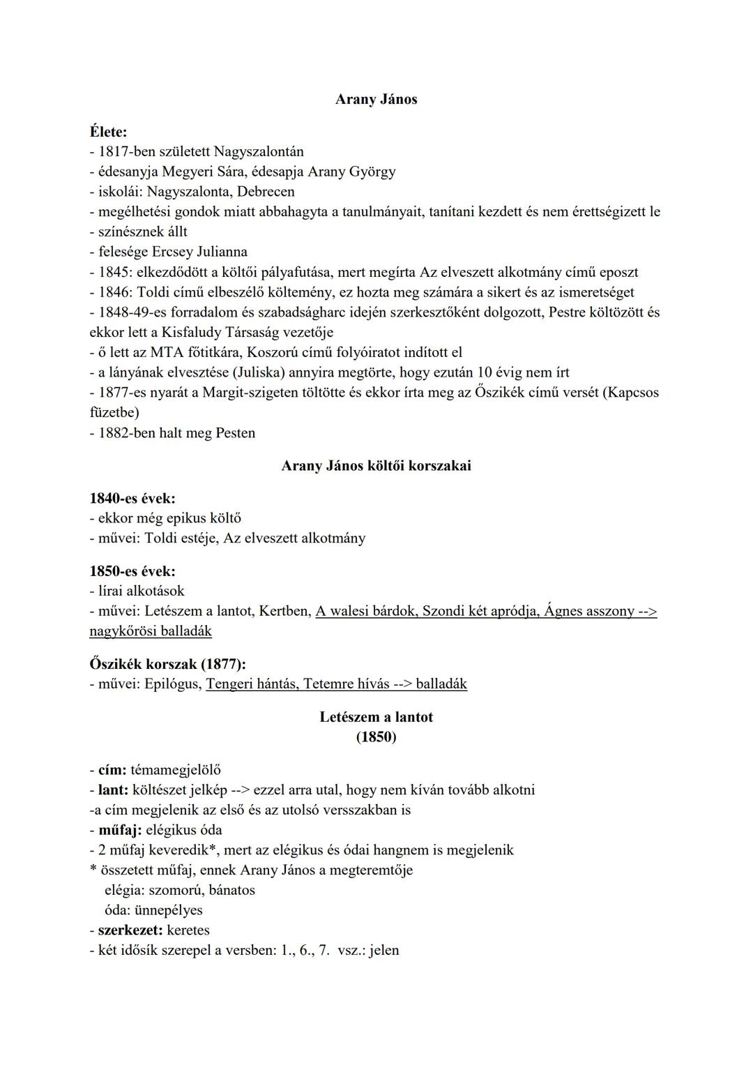 ## Arany János
### Élete:
- 1817-ben született Nagyszalontán
- édesanyja Megyeri Sára, édesapja Arany György
- iskolái: Nagyszalonta, Debre