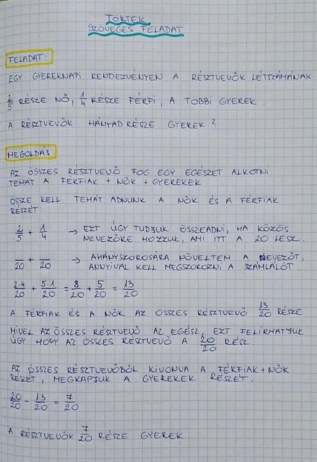 TÖRTEK
SZÖVEGES FELADAT
FELADAT:
EGY GYEREKNAPI RENDEZVÉNYEN A RÉSZTVEVŐK LÉTSZÁMÁNAK
\frac{2}{5} RÉSZE NŐ, \frac{1}{4} RÉSZE FÉRFI, A TÖBBI