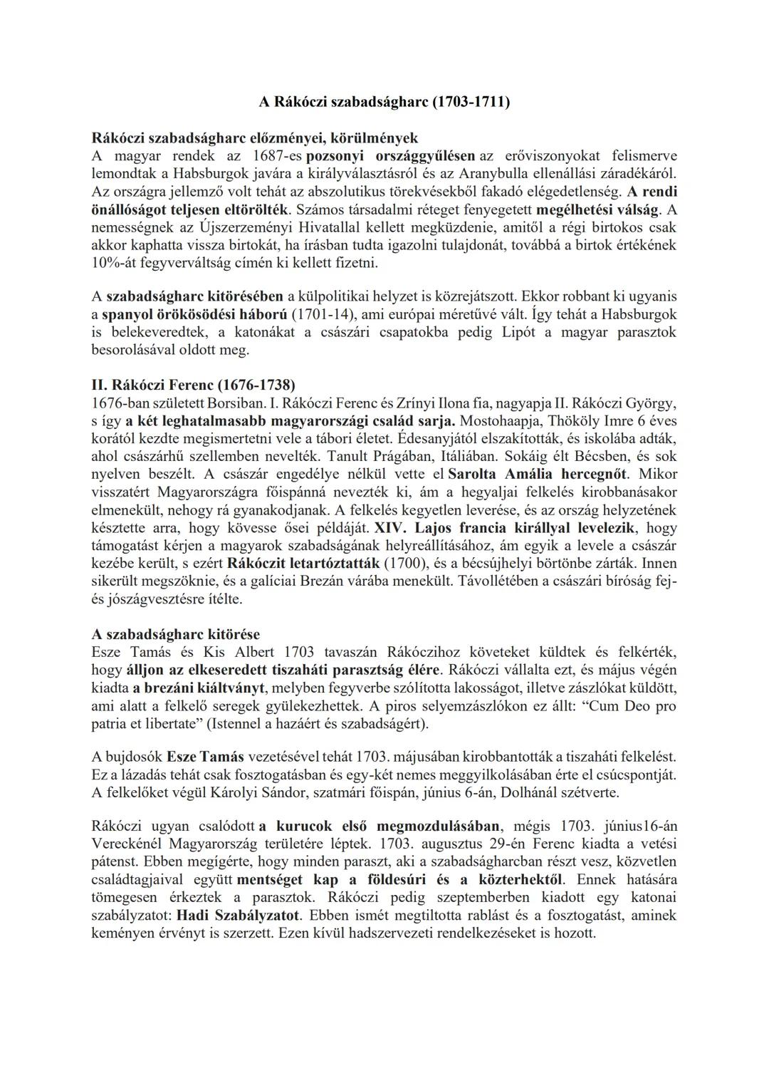 A Rákóczi szabadságharc (1703-1711)
Rákóczi szabadságharc előzményei, körülmények
A magyar rendek az 1687-es pozsonyi országgyűlésen az erő