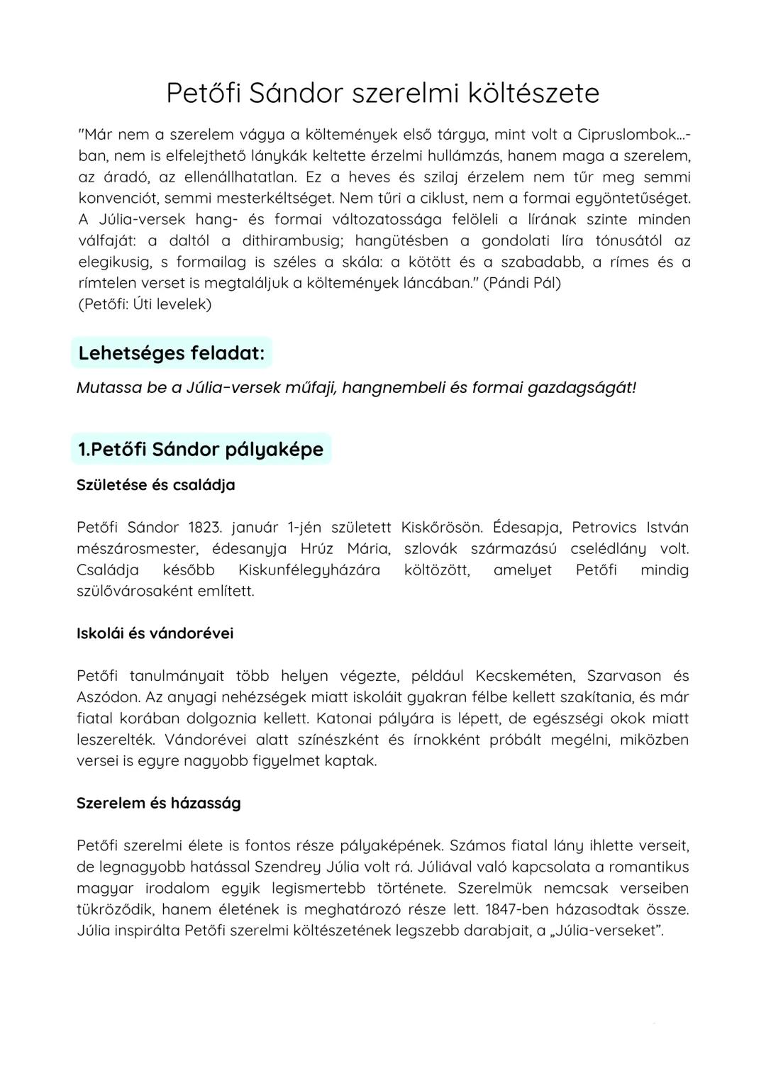 Petőfi Sándor szerelmi költészete
"Már nem a szerelem vágya a költemények első tárgya, mint volt a Cipruslombok...-
ban, nem is elfelejthető
