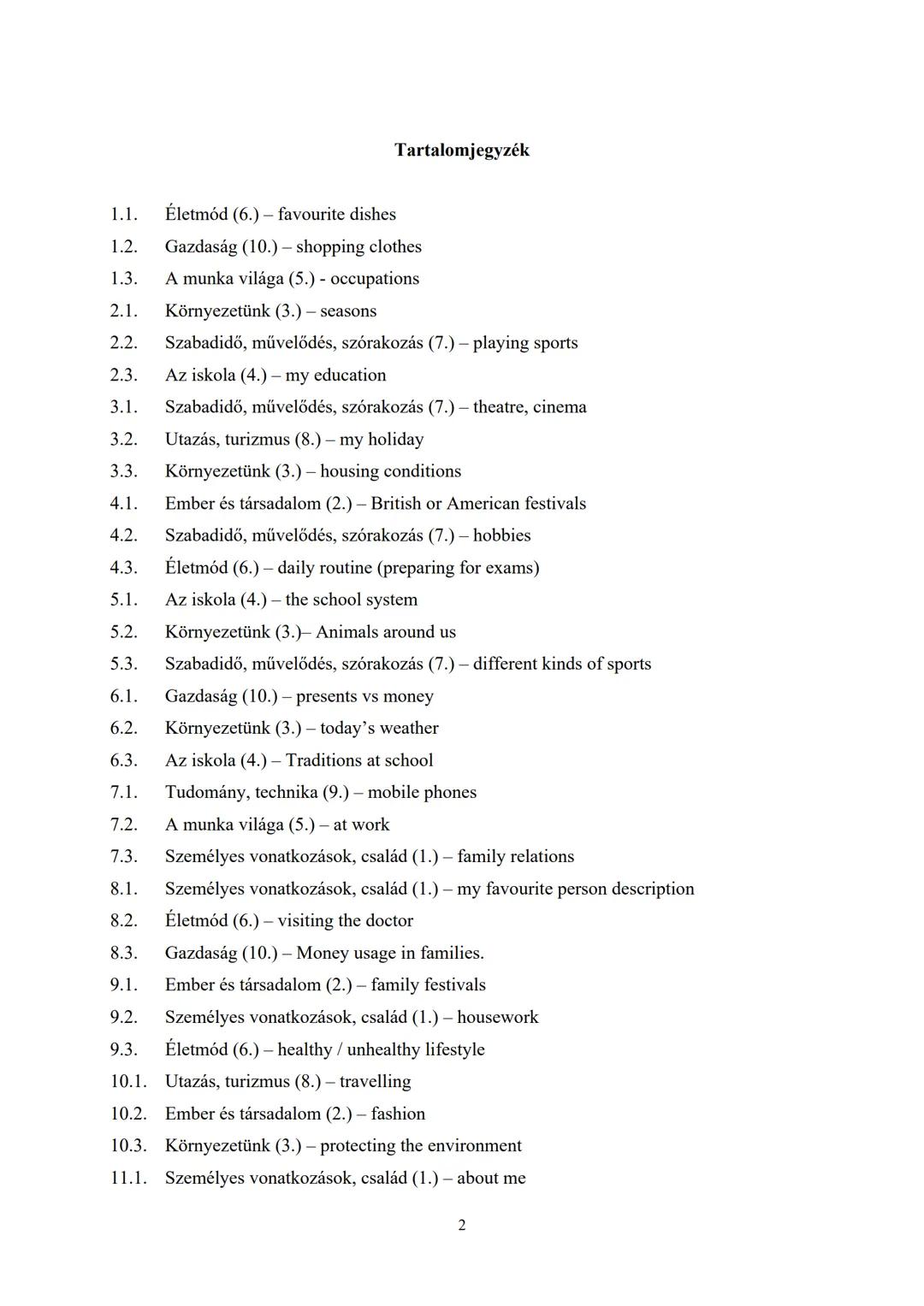 Angol nyelv
szóbeli
érettségi tételsor
2023 – 2024
Kidolgozott PÉLDÁNY Tartalomjegyzék
1.1. Életmód (6.) - favourite dishes
1.2. Gazdaság (1
