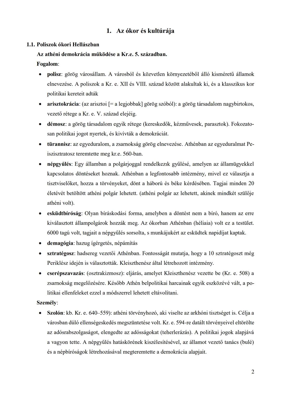 T
Történelem érettségi
Fogalmak, személyek, évszámok, topográfia 1.1. Poliszok ókori Hellászban
1. Az ókor és kultúrája
Az athéni demokráci