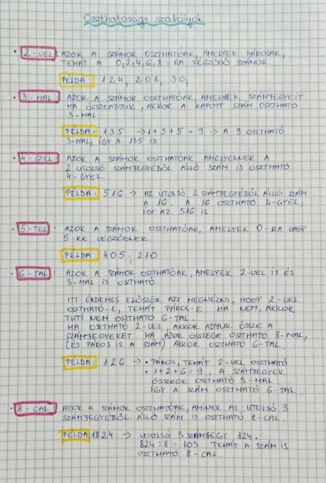 ## Oszthatósági szabályok
* **2-vel**
AZOK A SZÁMOK OSZTHATÓAK, AMELYEK PAROSAK,
TEHÁT A 0,2,4,6,8 RA VÉGZŐDŐ SZÁMOK
**PELDA:**
124, 208,
