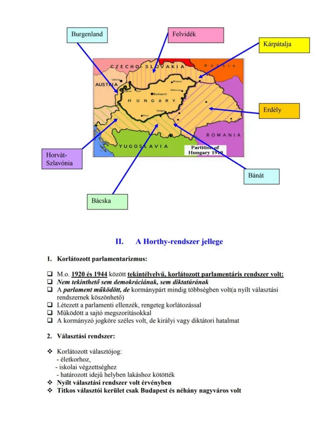 I.
A Horthy-korszak
Az ellenforradalom és a trianoni béke
1. Az ellenforradalom:
➤ A Tanácsktg. Bukása után 3 tényező határozta meg M.o. él