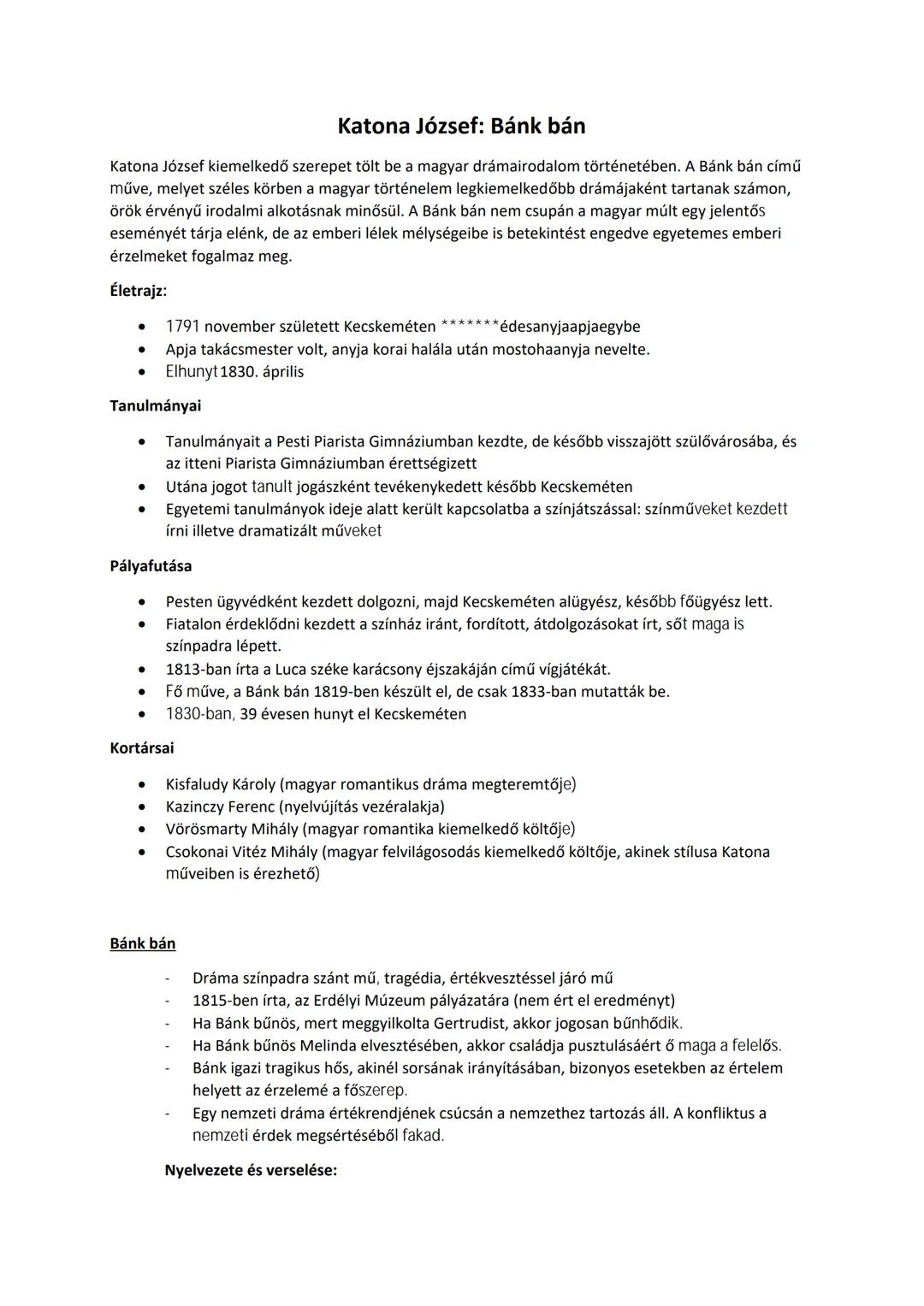 Katona József: Bánk bán
Katona József kiemelkedő szerepet tölt be a magyar drámairodalom történetében. A Bánk bán című
műve, melyet széles k