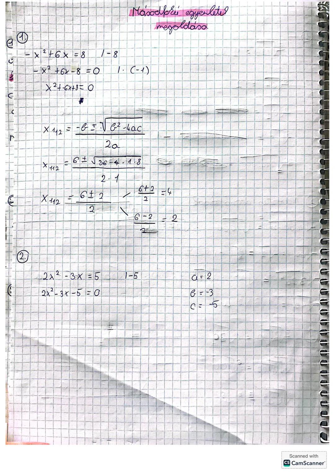 # def.
Másodfokú egyenlet
megoldása
Az a \cdot x^2 + bx + c = 0 alakuán felírható egyenletet másod-
fokú egyenletnél nevezik ahol az x az i