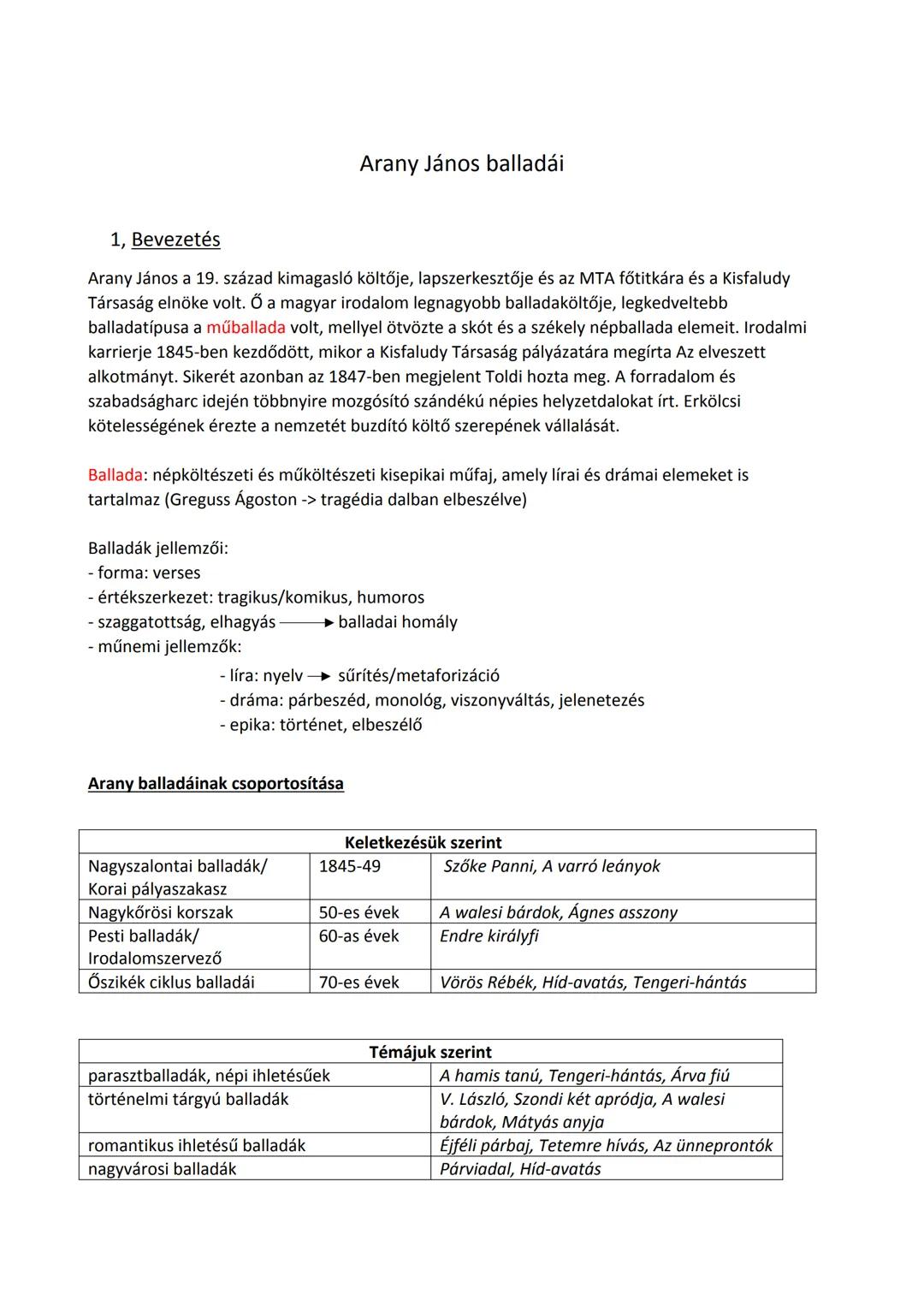 1, Bevezetés
Arany János balladái
Arany János a 19. század kimagasló költője, lapszerkesztője és az MTA főtitkára és a Kisfaludy
Társaság el