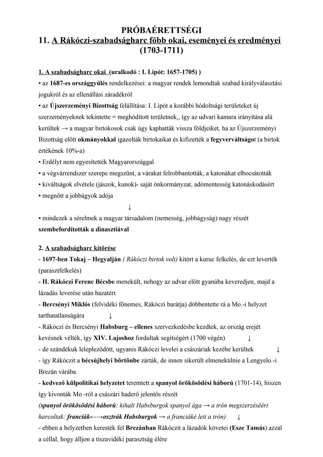 PRÓBAÉRETTSÉGI
11. A Rákóczi-szabadságharc főbb okai, eseményei és eredményei
(1703-1711)
1. A szabadságharc okai (uralkodó: I. Lipót: 1657-