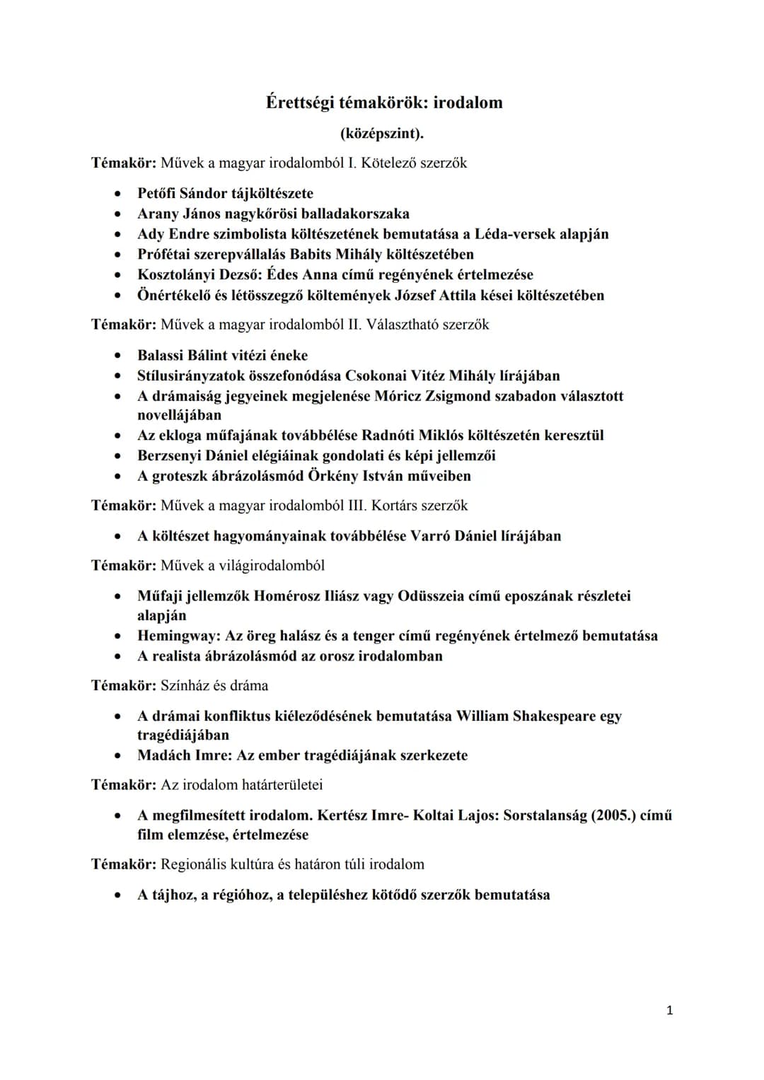 ## Érettségi témakörök: irodalom
(középszint).
**Témakör:** Művek a magyar irodalomból I. Kötelező szerzők
* Petőfi Sándor tájköltészete
*