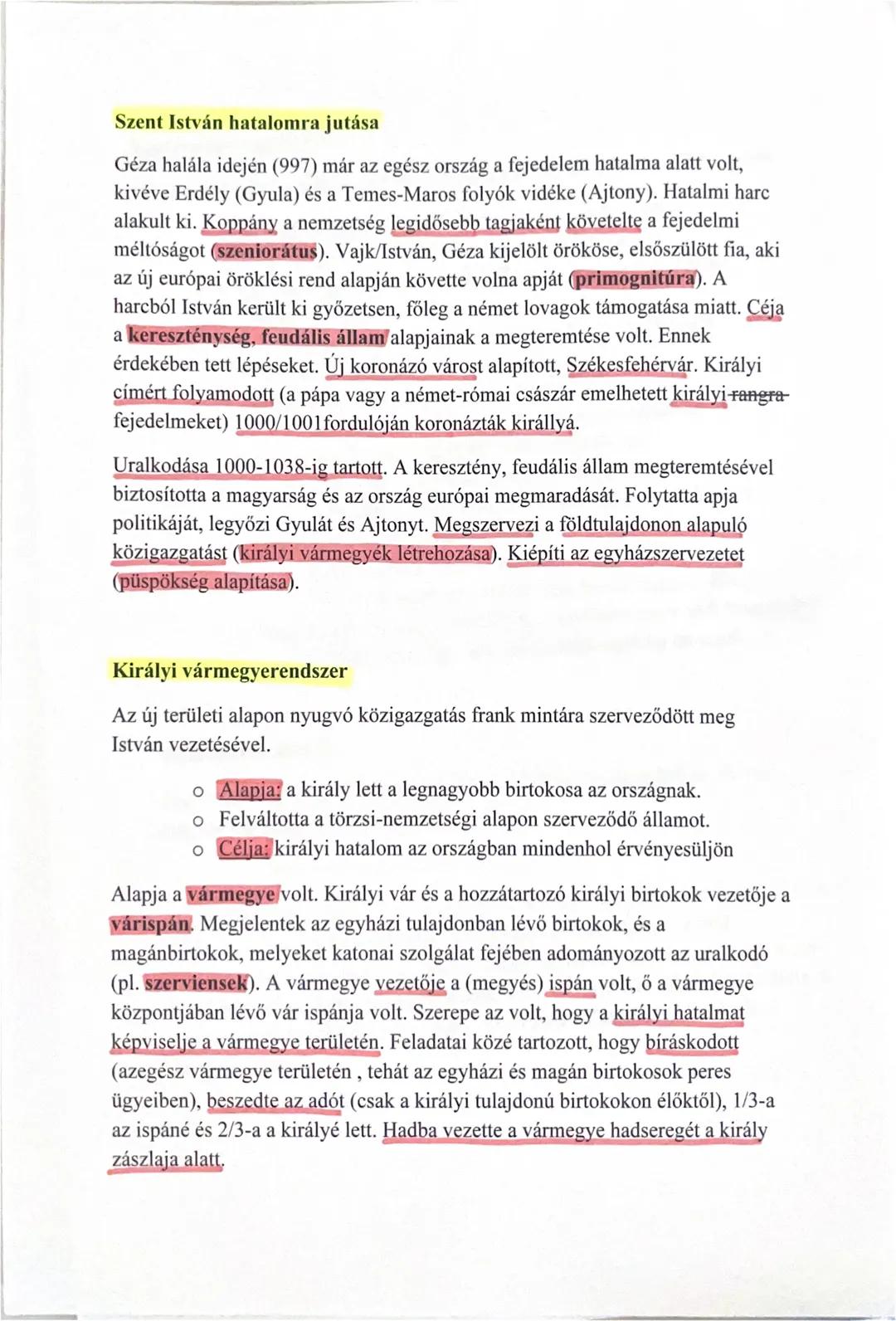 Géza és I. (Szent) István államszervező tevékenysége,a
földbirtokrendszer és a vármegyeszervezet
A honfoglalás (895) után a Magyar Nagyfejed