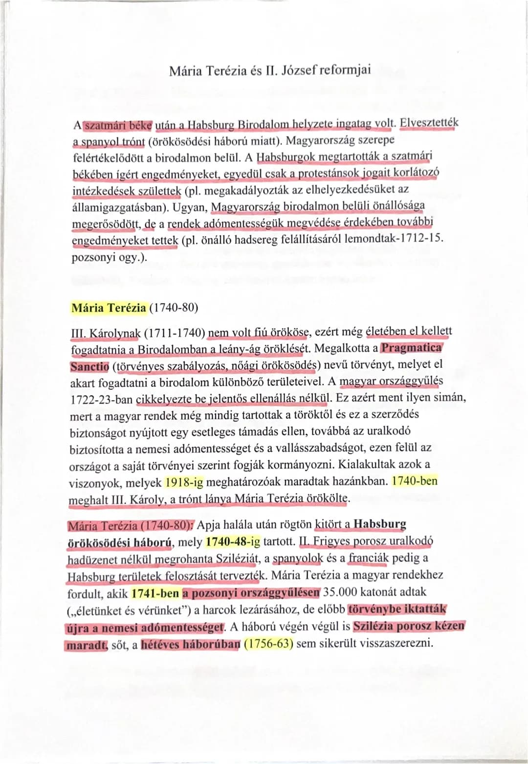 Mária Terézia és II. József reformjai
A szatmári béke után a Habsburg Birodalom helyzete ingatag volt. Elvesztették
a spanyol trónt (örökösö