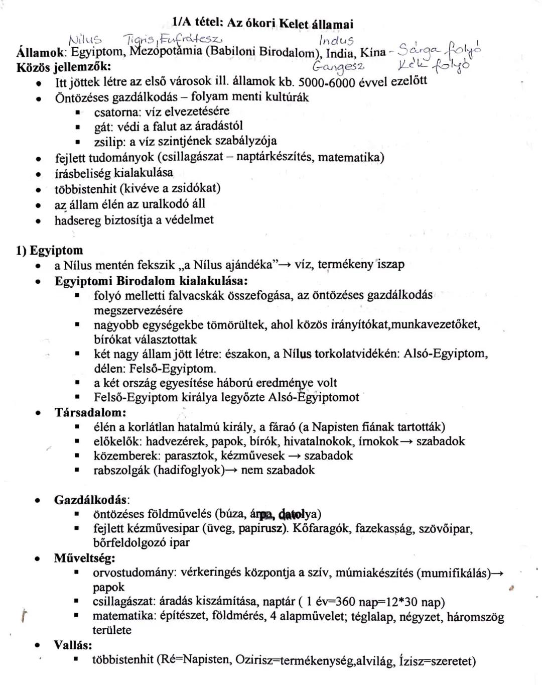 1/A tétel: Az ókori Kelet államai
Nilus Tigris, Fufrátesz Indus
Államok: Egyiptom, Mezopotămia (Babiloni Birodalom), India, Kina - Sárga fol