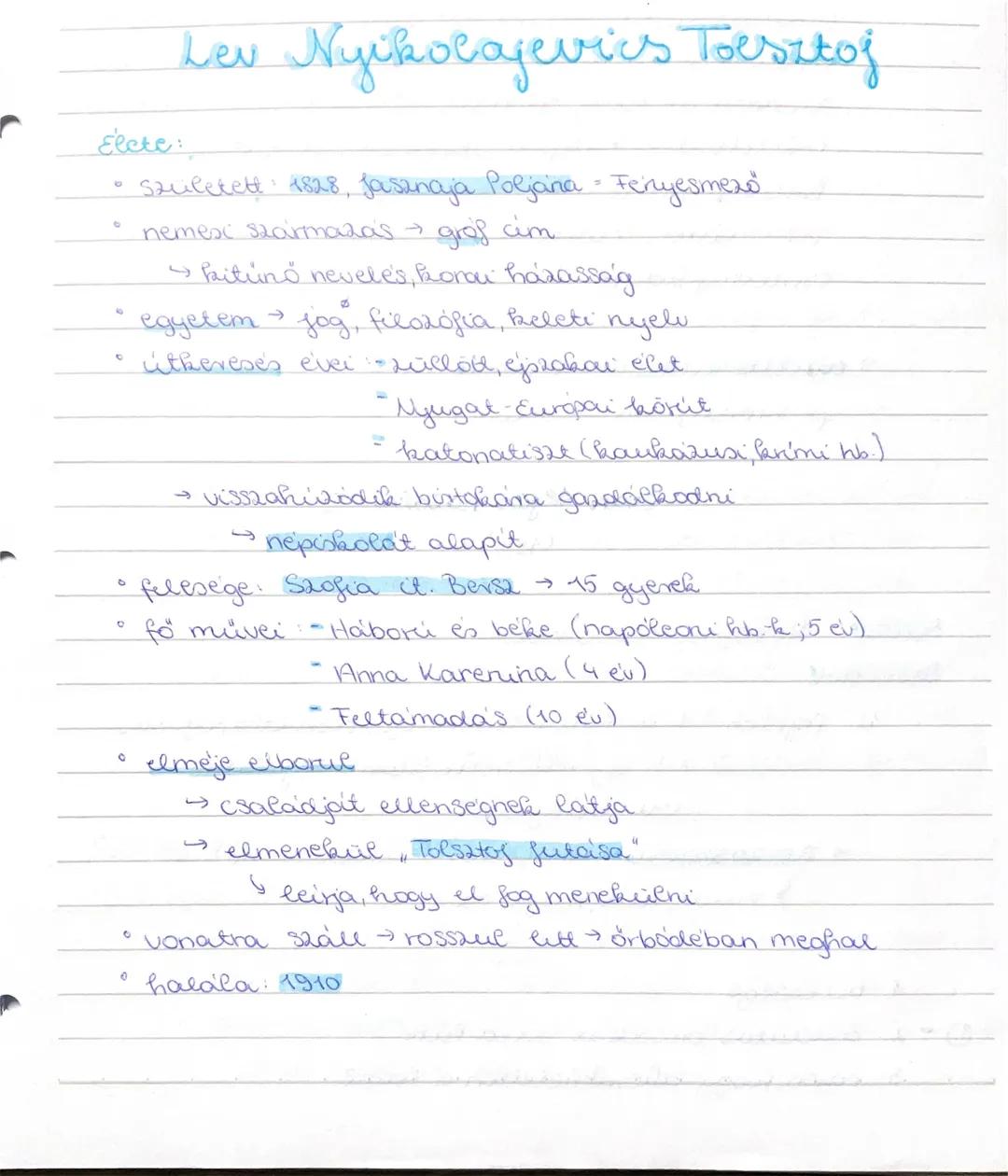 ## Lev Nyikolajevics Tolsztoj
**Élete:**
* Született: 1828, Jasznaja Poljana - Főnemes
* nemesi származás → grófi cím
* kitűnő nevelés, ko