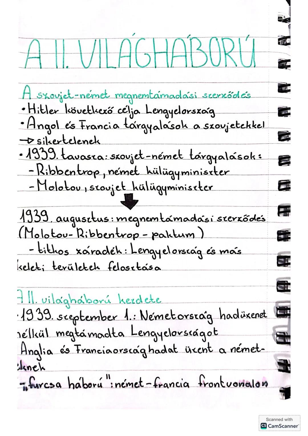 A II. VILÁGHÁBORÚ
A szovjet-német megnemtámadási szerződés.
•Hitler következő célja Lengyelország
•Angol és Francia tárgyalások a szovjetekk