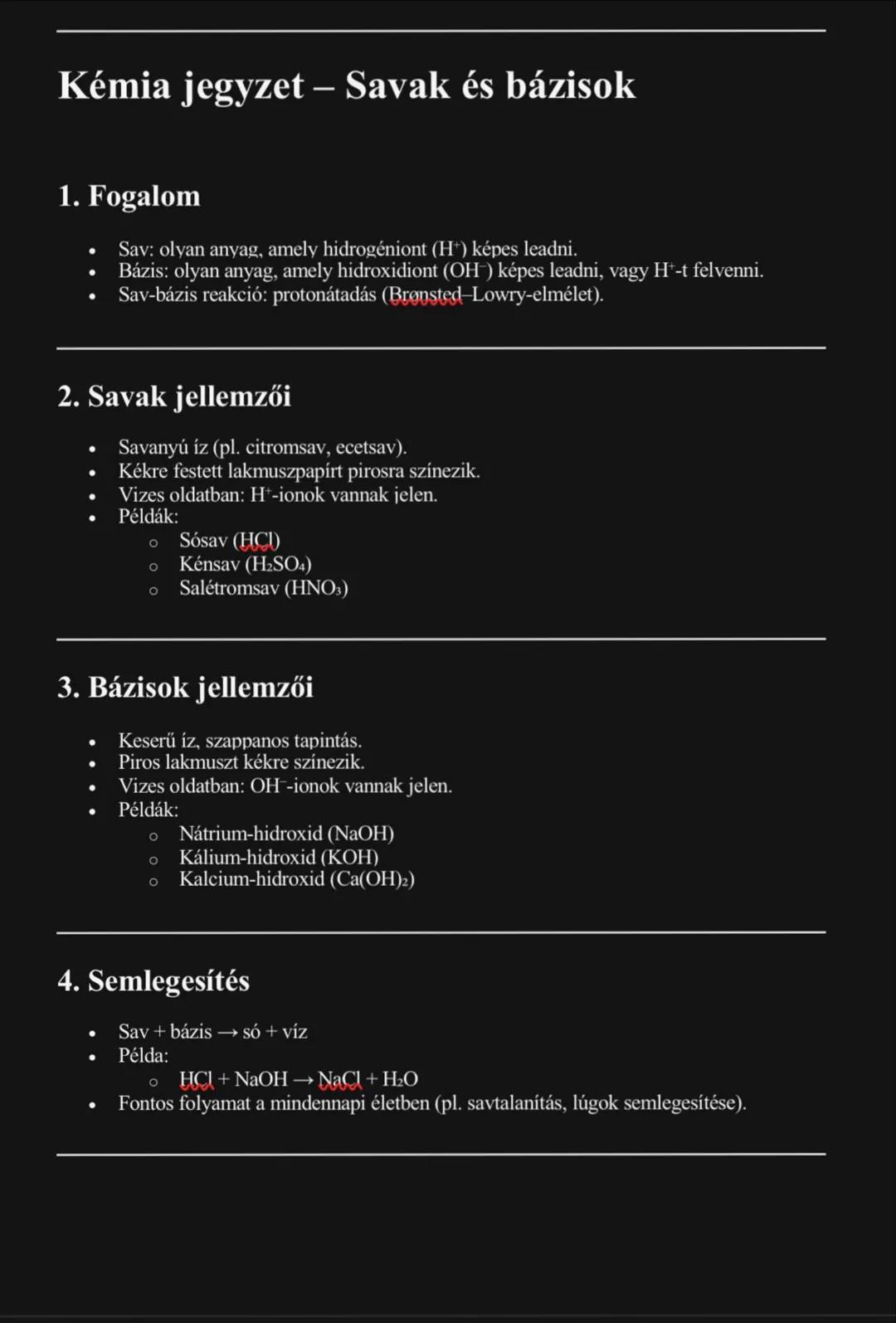 Kémia jegyzet – Savak és bázisok
1. Fogalom
- Sav: olyan anyag, amely hidrogéniont (H+) képes leadni.
- Bázis: olyan anyag, amely hidroxidi