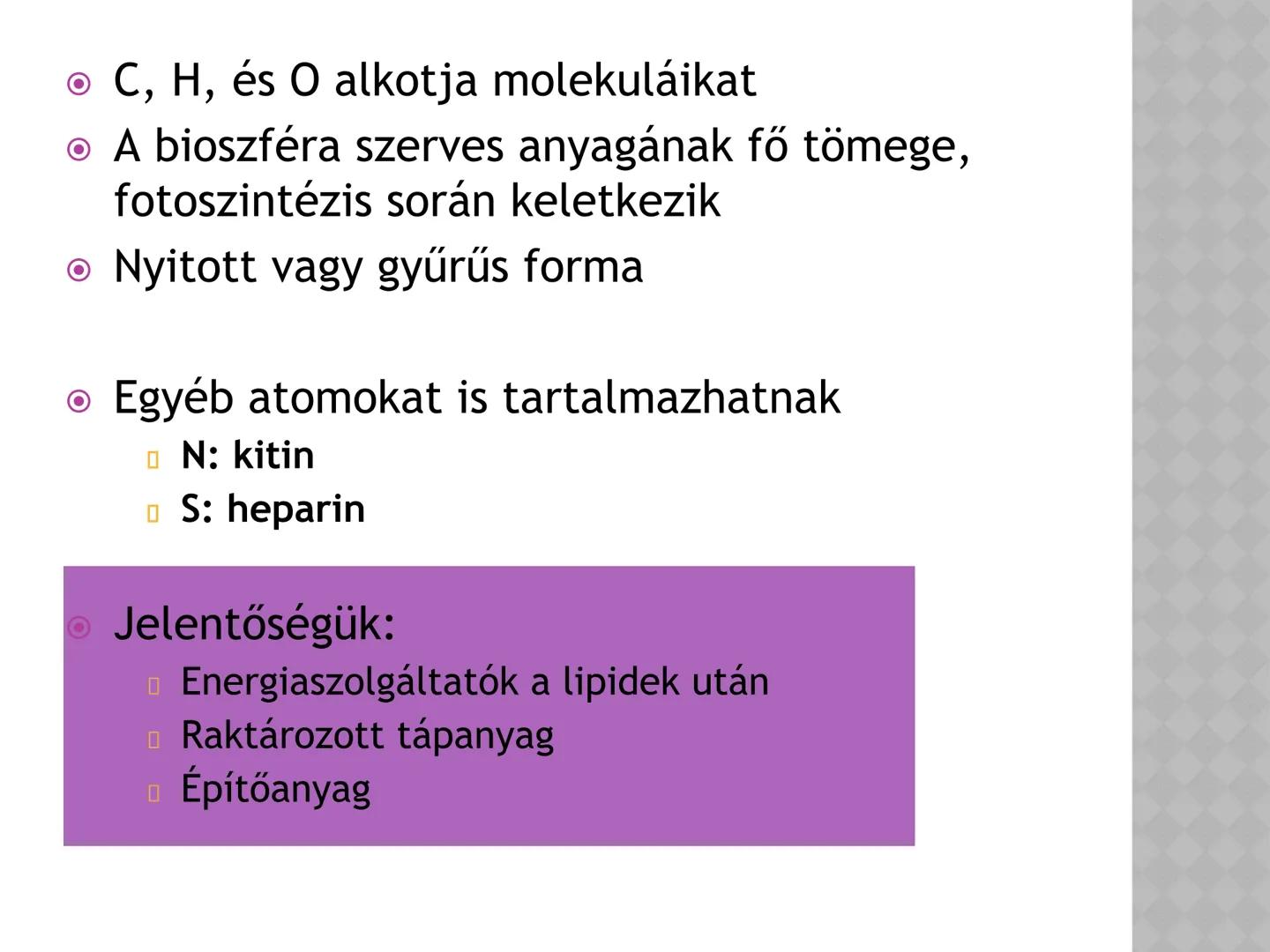 SZÉNIDRÁTOK MEGHATÁROZÁS
• A szénhidrátok (szacharidok. cukrok)
C, H, O tartalmazó szerves vegyületek,
áltálanos képletük C(H₂O)n
• A növény