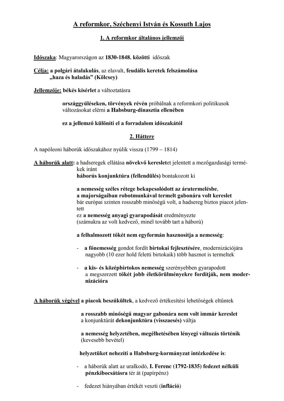 A reformkor, Széchenyi István és Kossuth Lajos
1. A reformkor általános jellemzői
Időszaka: Magyarországon az 1830-1848. közötti időszak
Cél